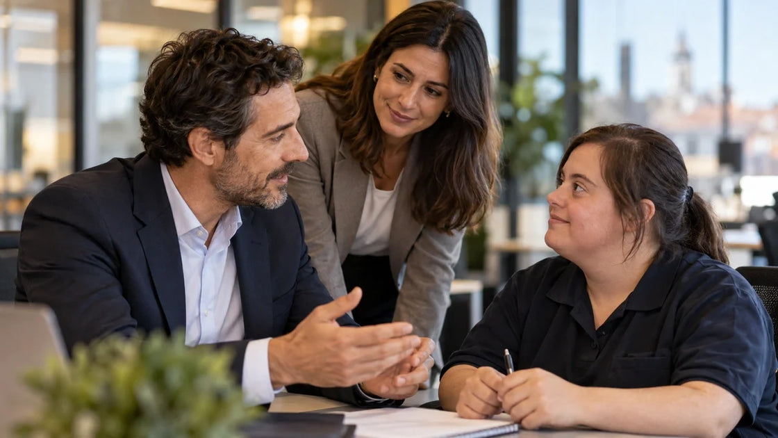 Equipo de un Centro Especial de Empleo conversando con responsables de empresa sobre inclusión laboral y prestación de servicios