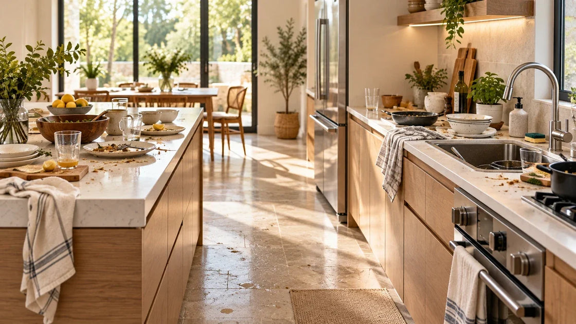 Cocina con suciedad y objetos acumulados antes de aplicar una rutina de limpieza eficiente
