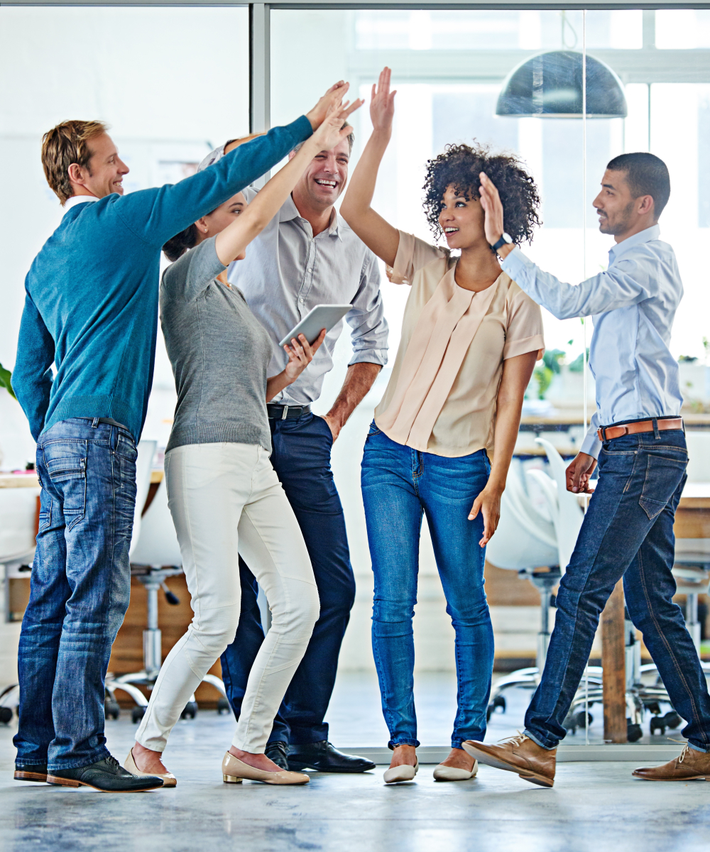 Creative,People,,Success,And,High,Five,In,Office,For,Support,